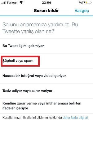 twitter şüpheli veya spam bildirme